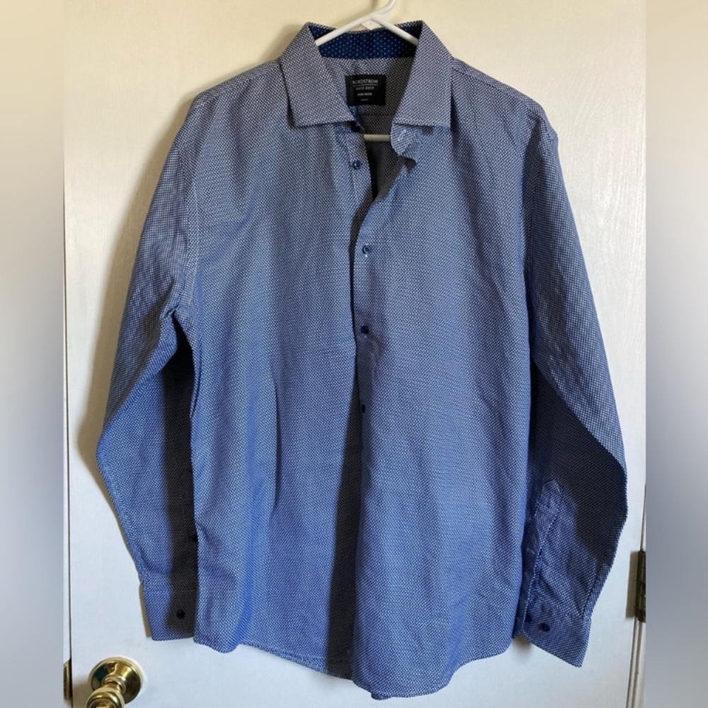 Nordstrom Men's Shop Non-Iron Trim Fit Navy Button Down Long Sleeve Shirt #S
